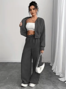 Conjunto de chaqueta con cremallera y pantalones para mujer - Negro - Ver 3