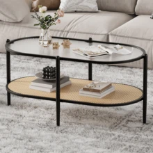 2-Tier Rattan Coffee Table,Modern Farmhouse Oval Rattan Coffee Table , Tempered Glass Top, Rattan Storage Shelf, - Star - View 9