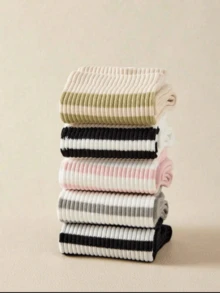 5/10 Pairs Women's Random Multi-Color Double Stripe, Heart Shaped, Soft & Comfortable Mid-Calf Socks, Fashionable For Sports, Daily Wear, And Dates - Multicolor - View 2
