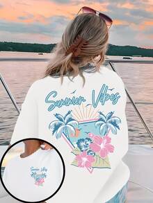 Women's Casual Cotton Round Neck Short Sleeve T Shirt With Summer Vibes Graphic Print For Everyday Wear - 白色 3 - 查看 11