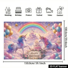 Fondo de fiesta de cumpleaños con tema de unicornio 2D plano, con arcoíris, castillo, pastel de cumpleaños, globos de colores, estrellas doradas y elementos de nubes, hecho de material de poliéster, sin necesidad de energía, adecuado para celebraciones interiores/exteriores, se puede usar como decoración de pared de uso múltiple, telón de fondo fotográfico para reuniones en el hogar, eventos de oficina, fiestas al aire libre, decoración de estudio, regalo festivo, ligero y fácil de colgar, crea una atmósfera soñadora - 1 - Ver 2
