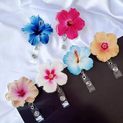 Acrylic Flat Gerbera Daisy Retractable Badge Reel, 360 Degree Rotating Alligator Clip Sleeve Badge Holder For Doctors, Nurses
