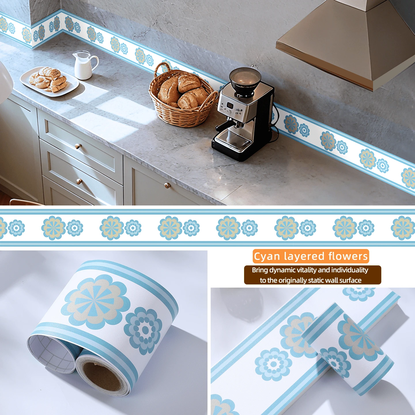 Self-Adhesive Ceramic Tile Trim Sticker, Decorative Wall Border For Kitchen, Bathroom, Waterproof Baseboard - Blue and Green Overlapping Flowers - View 1