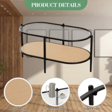 2-Tier Rattan Coffee Table,Modern Farmhouse Oval Rattan Coffee Table , Tempered Glass Top, Rattan Storage Shelf, - Star - View 10
