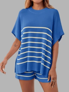 Women's Summer Lounge Striped High Waisted Shorts Oversized Batwing Short Sleeve Tops 2 Piece Knit Short Sets - 藍色 - 查看 3