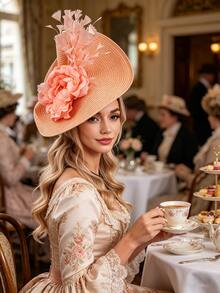 Women's Fascinators Hats Flower Wide Brim Church Hat For Women - Elegant Kentucky Fascinator With Bow,Bridal Wedding Tea Party Formal Flat Top Derby Hats - Hồng - Xem 2