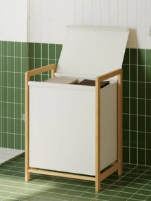 Bamboo Laundry Basket With Shelf, Foldable Dirty Clothes Storage Basket, Bathroom Towel Rack Storage Cabinet With Louvered Door - Multicolor - View 6