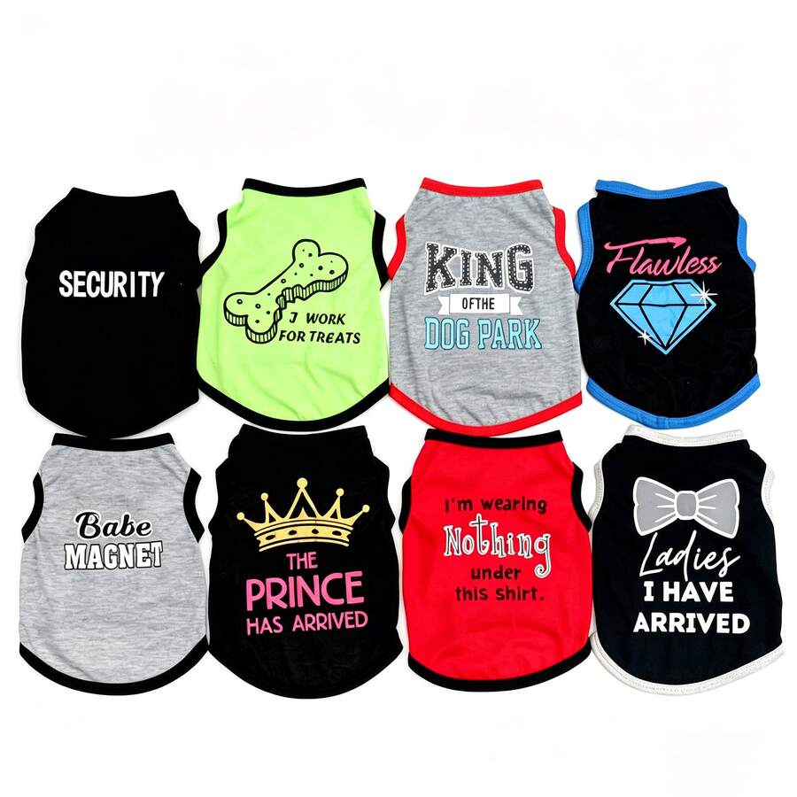 8 Cute Pet Summer Clothes, Breathable And Comfortable Polyester Woven Vest, Letter Print Thin T-Shirt, Suitable For Small And Medium Dogs And Cats - Multicolor - View 1