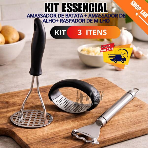 Kit Essencial Utensílios Para Cozinha Inox Triturador de Alho e Amassador de Batata Espremedor  Raspador