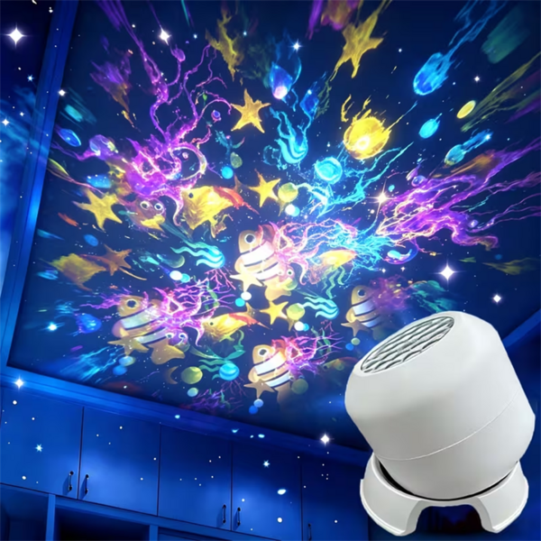 1个LED星空海洋投影灯，360度旋转动态投影夜灯，USB插电氛围灯，卧室、客厅、宿舍天花板/墙壁海洋氛围装饰灯，适用于卧室、游戏室和客厅的装饰照明。