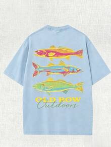 Men's Casual Summer Washed Cotton T-Shirt Old Row Outdoor Fish Print, Round Neck Short Sleeve Lightweight Knitted Fabric, Rib Details 100% Cotton - 天藍色 - 查看 2