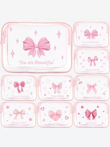 1pc Cute Pink Bow Makeup Bag, PVC Cosmetic Bag, Non-Fading Zipper, Lightweight Foldable Storage Pouch, Perfect Gift For Birthday, Friends And Holidays, Birthday Gift Bag, Funny Design Bag, Double-Sided Printing, Otter Pattern, Summer Bag, Ramadan Bag, Makeup Bag, Wallet, Backpack, Toiletry Bag, Travel Organizer - Pink - View 1