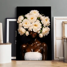1pc Framed Canvas Wall Art Prints Poster, Floral Head African American Woman Art Posters Canvas Print Painting For Living Room Bedroom Office Bathroom Dorm Home Decor, Ready To Hang - đóng khung - Xem 1