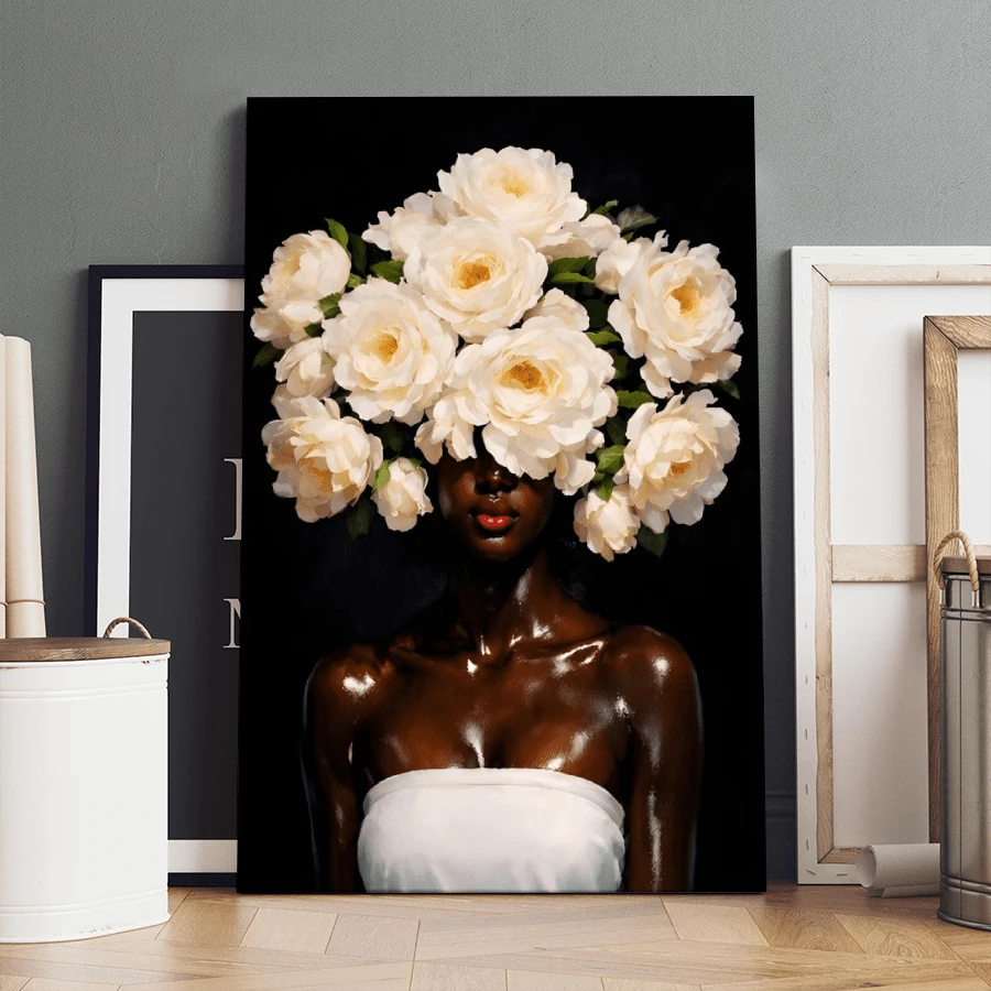 1pc Framed Canvas Wall Art Prints Poster, Floral Head African American Woman Art Posters Canvas Print Painting For Living Room Bedroom Office Bathroom Dorm Home Decor, Ready To Hang - đóng khung - Xem 1