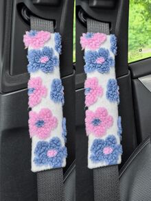 Juego de 3 piezas/2 piezas/1 pieza de accesorios interiores para automóvil, funda de volante y almohadillas para el hombro del cinturón de de peluche con estampado floral, antideslizante, cálido, lindo, personalizado, adecuado para todas las estaciones - Unitalla - Ver 27