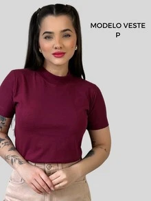 T-shirt Básica Lisa Blusa Gola Alta Manga Curta Camiseta Algodão Casual - Marsala - Visão 6