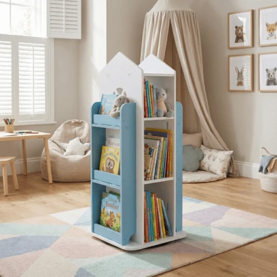 360° Rotating Castle Bookshelf, Lightweight DIY Assembly, Kids Room Large Capacity Picture Book Storage Shelf, Smooth Rotating Display Rack, Creative Fairytale Style Bookcase