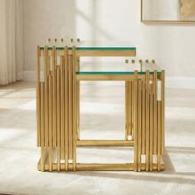 2-Piece Modern Square End Table Set For Living Room: Small Gold Side Table With Clear Tempered Glass Desk And Gold Stainless Steel Legs For Bedroom, Sofa, Balcony - 金色 - 查看 10