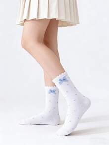 1/5 Đôi tất dài đến bắp chân màu xanh nhạt dễ thương, thắt nơ ren, hàng mới về mùa xuân/hè. - Nhiều màu - Xem 4