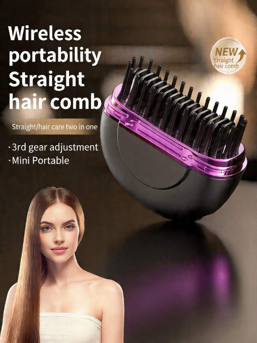 Wireless Mini Hair Straightener Brush, Adjustable 3 Temperature Settings, USB Rechargeable, Heat-Resistant Design Suitable For All Hair Types, Dual Function Of Straightening And Hair Care, Portable Hair Straightener - Grey - View 1
