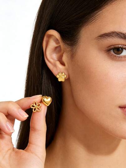 1 Set de Aretes Minimalistas Lindos con Diseño de Huella de Pata/Flor Hueca/Corazón Liso de Acero Inoxidable, Adecuado para Diferentes Atuendos, Se Puede Usar Solo, Mezclado o Apilado, Ideal para Uso Diario o Fiesta de Mujeres, También Hace un Gran Regalo para Amigos