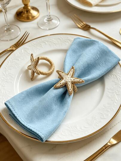 4pcs Dual-Color Starfish Napkin Rings, Bohemian Natural Woven Pentagram Shaped Napkin Holders, Suitable For Summer Beach Party / Outdoor Picnic / Seaside Wedding / Family Gathering / Hotel & Restaurant Decor / Ocean Themed Party / Wedding Banquet / Daily Dining
