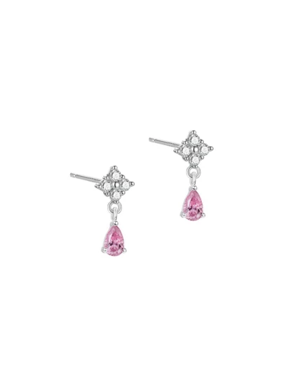 S925 Sterling Silver Four-Leaf Clover Pink Zirconia Teardrop Earrings, Rhinestone Dangle Earrings, Hypoallergenic For Pierced Ears, Sweet Commuter Gift Box For Women