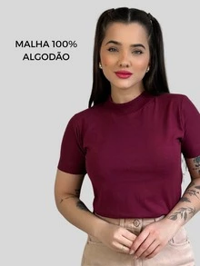 T-shirt Básica Lisa Blusa Gola Alta Manga Curta Camiseta Algodão Casual - Marsala - Visão 3