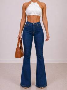 Blue Flare Pants, Bell Bottom, High Waist, Women's, Butt-Lifting, Comfortable, Versatile, Casual, Elegant, Country Style - Xanh dương 2222 - - Xem 4