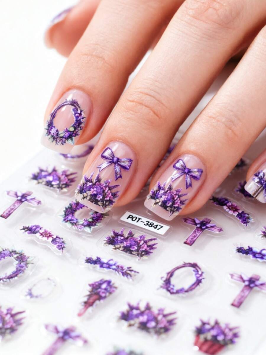 1pc Colorful Flower Cross Nail Sticker, Self-Adhesive Embossed Nail Art Decals, Nail Decoration Suitable For Festivals, Parties And Daily Manicure - Multicolor - View 1