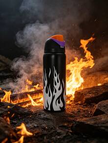 OwI Matte Black Bottle Body With White Flame Print Large Capacity Stainless Steel Water Bottle,32oz/945ml,With A Straw,Exquisite Appearance,Keeps Drinks Hot Or Cold,Can Hold Iced Drinks And Water.As A Gift - White Flames - View 2
