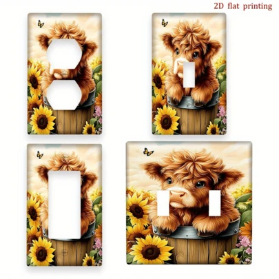 1 cái [in 2D] Tấm ốp công tắc đèn hình hoa hướng dương và bò cao nguyên rực rỡ, bảng công tắc nghệ thuật, chất liệu nhựa bền, không cần lắp đặt điện, vật trang trí nhà cửa thiết yếu
