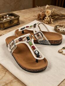 2026 Summer New Wide Fit Dopamine Colorful Rhinestone Soft Cork Thong Sandals, European And American INS Explosion, Retro Contrast Color Gemstone Thong Sandals, Suitable For Thick Feet, Friendly For Students, Versatile And Affordable - White - View 1