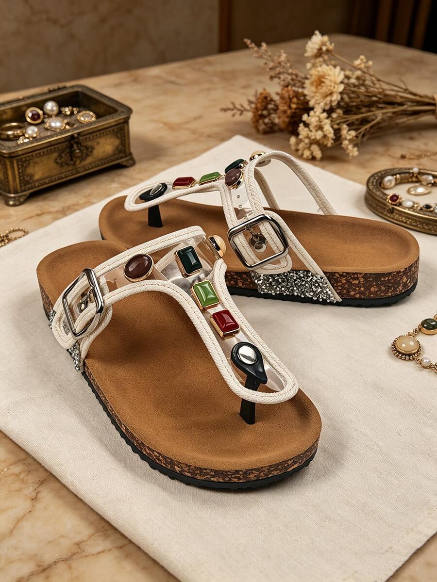 2026 Summer New Wide Fit Dopamine Colorful Rhinestone Soft Cork Thong Sandals, European And American INS Explosion, Retro Contrast Color Gemstone Thong Sandals, Suitable For Thick Feet, Friendly For Students, Versatile And Affordable - White - View 1