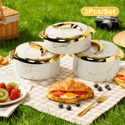 1.5L 2L 2.5L Insulated Food Bowl Set, Stainless Steel Thermal Casserole With Lids For Kitchen & Outdoor(3PCS)