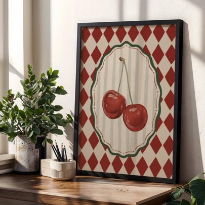 1pc Vintage Poster Red Cherry Art Print, Red & White Prism Grid Canvas Painting, Dining Room Kitchen Decor, Housewarming Gift, Wall Art, Inspirational Quote Art, Home Decor, Wall Hanging