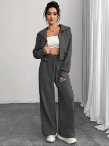 Conjunto de chaqueta con cremallera y pantalones para mujer - Negro - Ver 4
