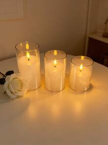 3pcs Transparent Acrylic LED Flameless Candle Set, Programmable Timer & Remote Control, Battery Powered White Pillar Candles, Home & Wedding Decor - White - View 5