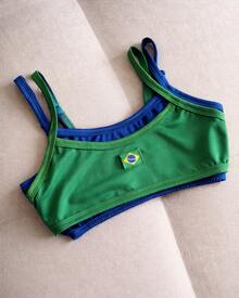 Double Strappy Cropped Top With Brazil Embroidery, 2 In 1, Women's, Beach, Holiday, Sports And Fitness, Vacation, World Cup - 綠色 - 查看 1