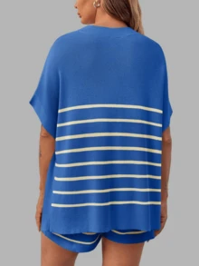 Women's Summer Lounge Striped High Waisted Shorts Oversized Batwing Short Sleeve Tops 2 Piece Knit Short Sets - 藍色 - 查看 4