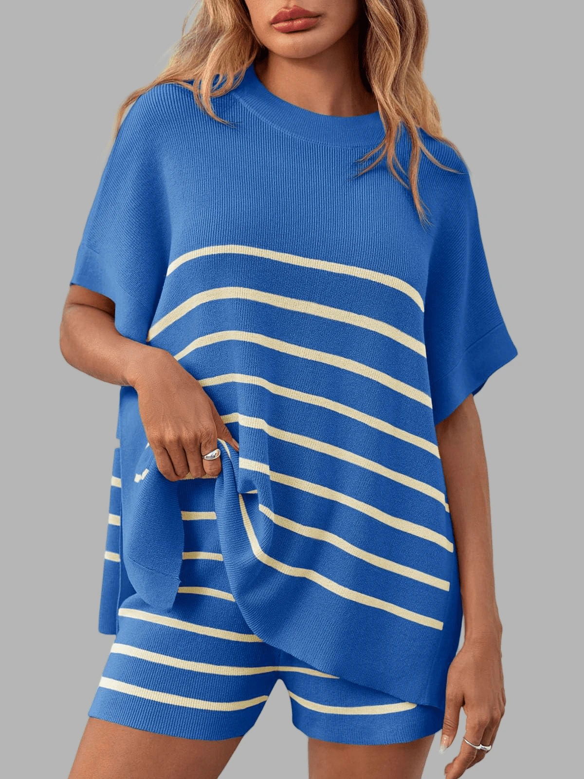 Women's Summer Lounge Striped High Waisted Shorts Oversized Batwing Short Sleeve Tops 2 Piece Knit Short Sets - 藍色 - 查看 1