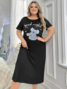 大码女式短袖睡裙，宽松休闲家居服睡衣，轻薄面料，适合春夏穿着 - 黑色 - 查看 5