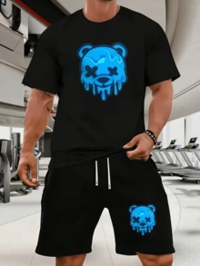 Men's Melting Bear Print Athletic - Matching T-Shirt & Waistband Shorts | All-Over Body Suit For Gym, Casual & Night Out | Machine Washable Sportswear (Spring/Summer) - Blue Neon Glow Design, Comfortable Round Neck & Drawstring Waist, Breathable Fabric For Year-Round Wear, Stylish Matching Outfit For Men With Glowing Bear Print, Ideal For Sports & More - Graphic Tees, Cotton T-Shirts, Casual Tees, Oversized T-Shirts, Cool T-Shirts, Everyday Tees, Basic T-Shirts, Comfy Shirts, Summer Outfits, Mens Clothes, Graphic Tees Men - Black Set - 查看 8