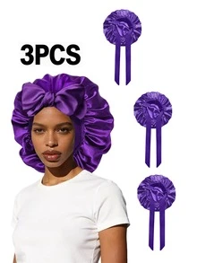3件套女士优雅缎面睡帽，带蝴蝶结和可调节系带 - 柔软护发睡眠帽，适合卷发，女士睡帽浴帽，波西米亚风 - 3個純色飄帶 - 查看 26