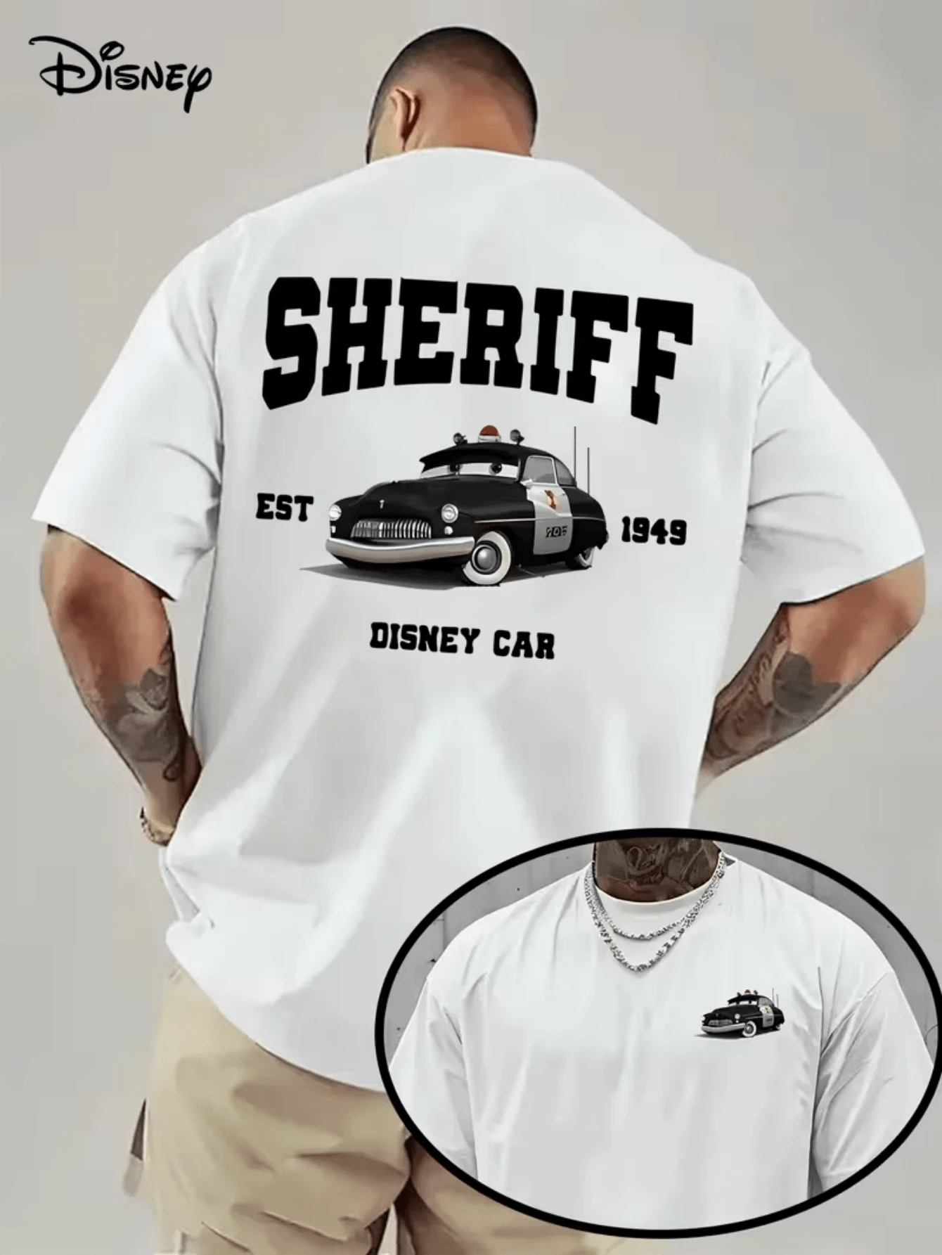 (Disney Licensed)Disney Cars Sheriff Men's T-Shirt, Vintage Sheriff Police1 Car Graphic Tee, Oversized Crew Neck Short Sleeve Casual Streetwear T-Shirt, "SHERIFF EST 1949" Letter Print Men's Summer Top, Disney Officially Authorized Men's Short-Sleeved T-Shirts, Mens Clothes, Men, Ropa De Hombre, Summer Clothes, Men Shirts, Graphic Tees, Disney Outfits Men, Graphic Tees, Camisetas Para Hombre, Camisas Para Hombre, Summer Outfits For Men, Father's Day Gift, Perfect Gift For Family And Friends, Which Are Necessary For Birthday Parties, Disney Shirts, Mens Clothes, Summer Clothes, Officially Licensed Disney T-Shirts, Disney Men's And Women's Spring/Summer Fashion Casual Short-Sleeve T-Shirts - White - View 1