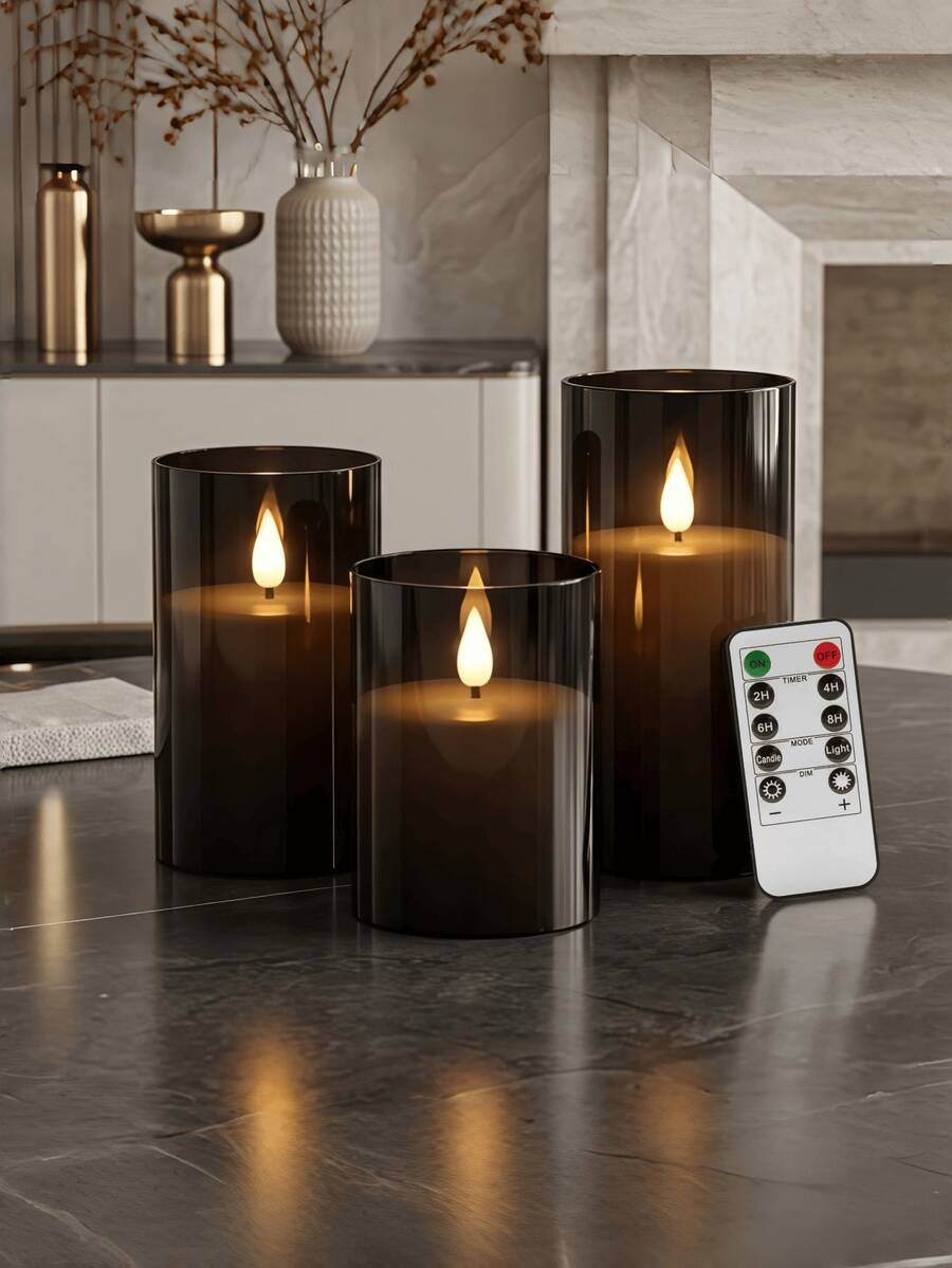 1/2/3pcs Flameless LED Candle Set With Remote Control, Flickering Effect And Timer Function, Suitable For Holidays, Weddings, Gifts, Fireplace, Home Decor - Black - View 1