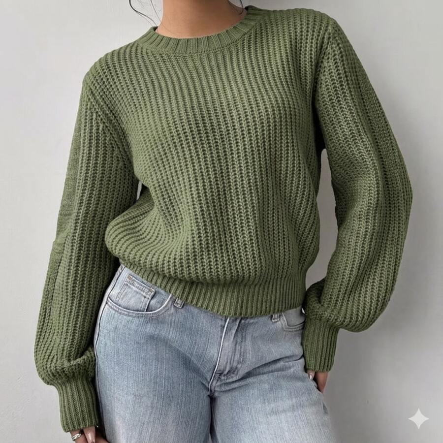 Women's Plain Basic Long-Sleeved Knit Blouse For Winter - Olive Green - View 1