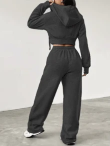 Conjunto de chaqueta con cremallera y pantalones para mujer - Negro - Ver 2