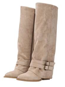Y2K Retro Black Slouchy Trouser Boots Metal Buckle Decor Low Block Heel Knee High Festival Outfit Slouchy Boots - Màu be - Xem 2