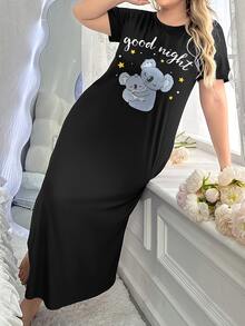大码女式短袖睡裙，宽松休闲家居服睡衣，轻薄面料，适合春夏穿着 - 黑色 - 查看 4
